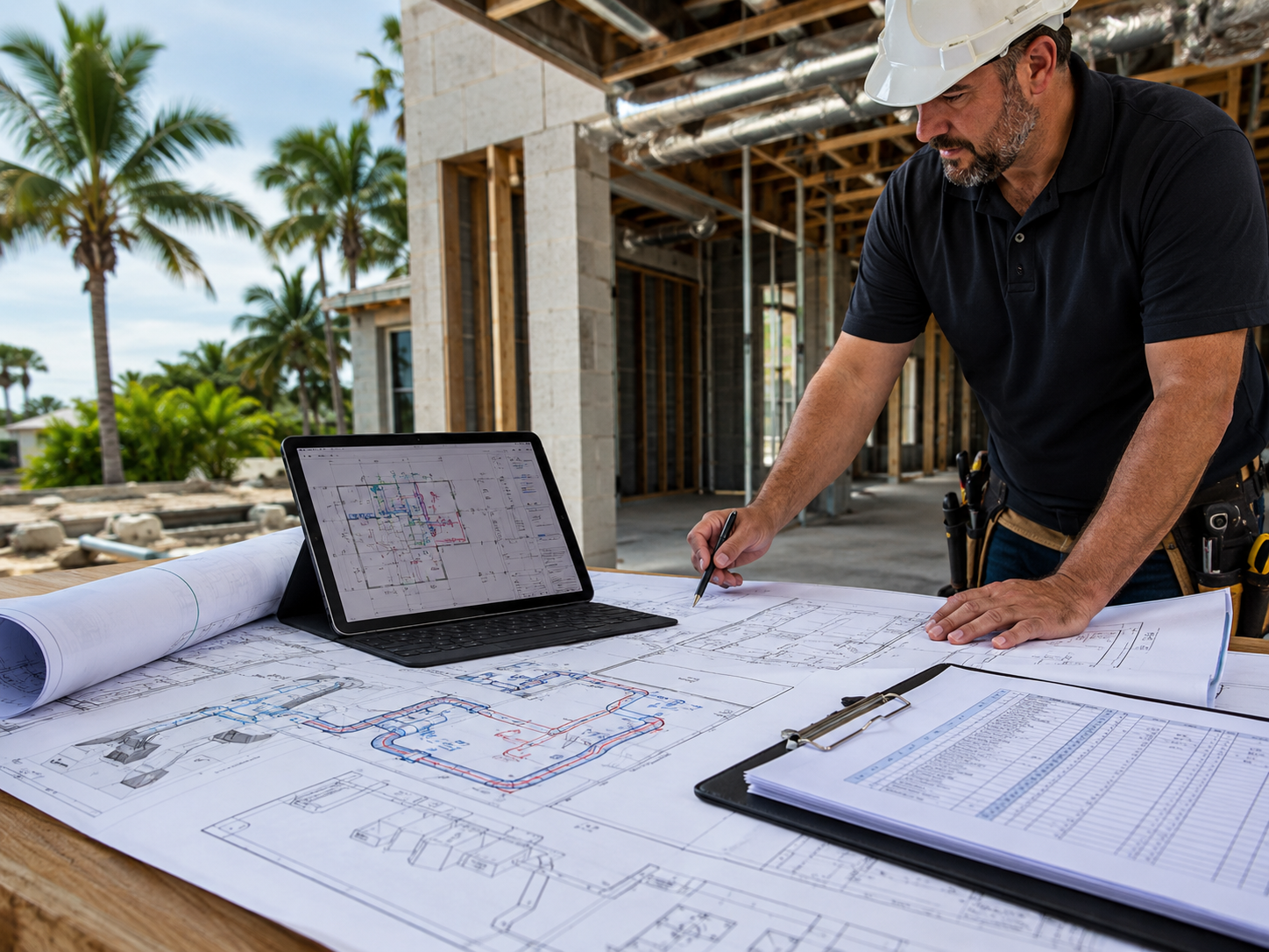 HVAC plans and specifications being reviewed for a new construction project