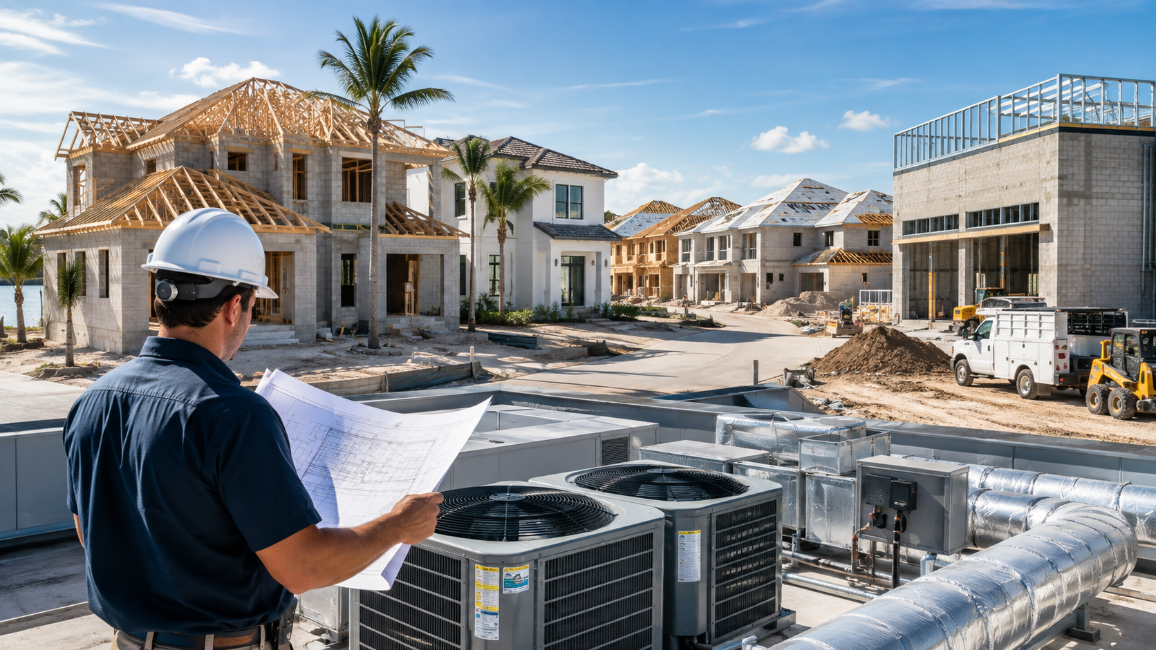 Residential and commercial new construction HVAC project scene